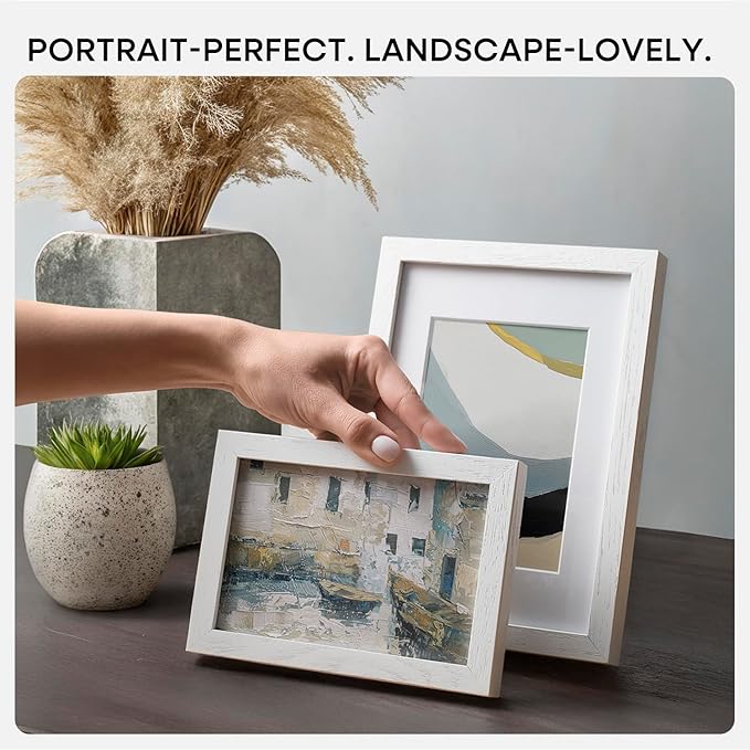 Homeforia A4 Picture Frame White Wood, High-End Oak 8.3 x 11.7 White Poster Frames Matted to 5.8 by 8.3 Photo, 8.3x11.7 Size Wooden Frame with Mat for 5.8x8.3 Print, Tempered Glass, Wall Kit, Set of 1