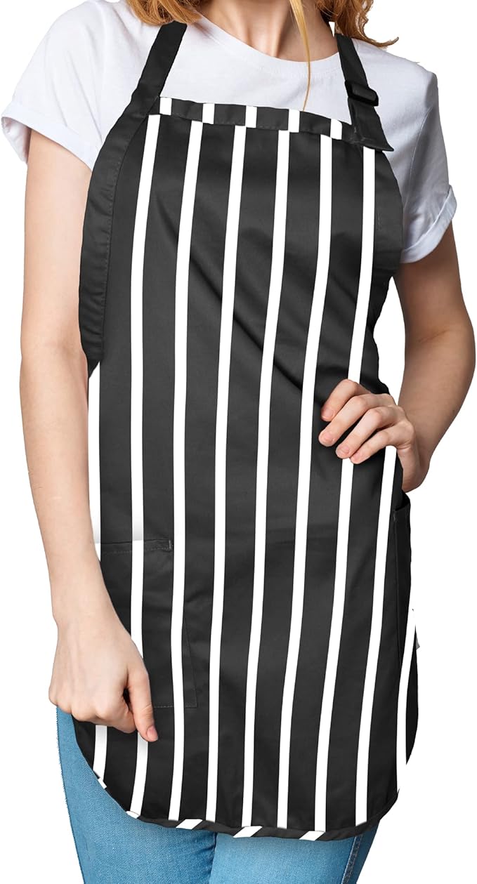 DALIX Apron Commercial Restaurant Home Bib Spun Poly Cotton Kitchen Aprons (2 Pockets) in Pinstripe Black/White