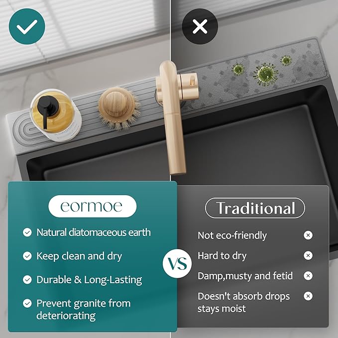 Diatomite Kitchen Faucet Mat - 14Inch Water Absorbing Stone Tray for Sink, Stone Fast-Drying Faucet Mat for Kitchen Counter Sink Accessories (Grey, 14'' x 3.9'')