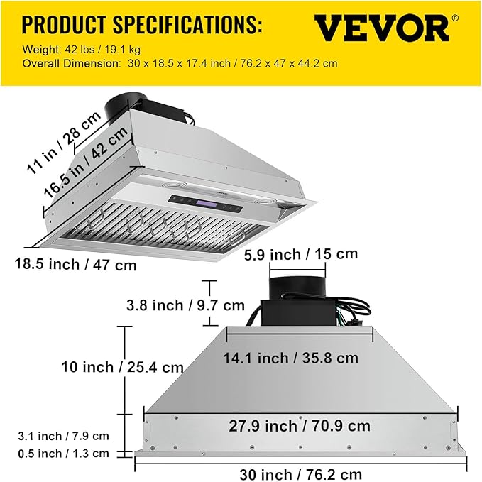 VEVOR Insert Range Hood, 900CFM 4-Speed, 30 Inch Stainless Steel Built-in Kitchen Vent with Touch & Remote Control LED Lights Baffle Filters, Ducted/Ductless Convertible, ETL Listed…
