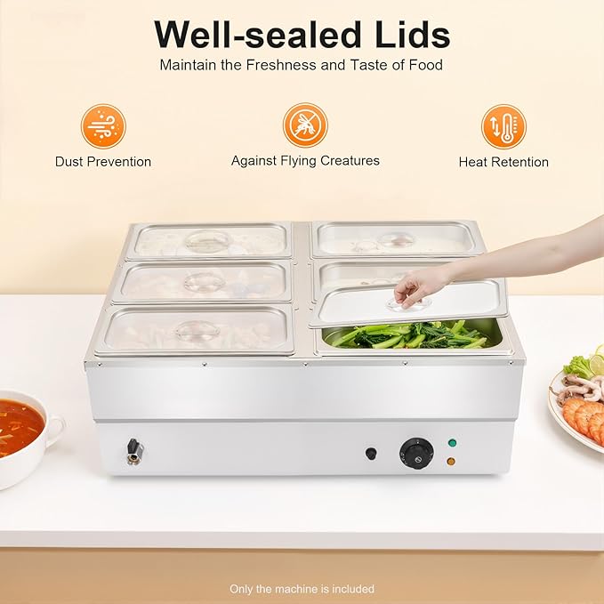 Commercial Food Warmer 6 Pan Buffet Bain Marie, 1500W Stainless Steel Electric Steam Table with Digital Temperature Control (86-230°F), 1.77Gal per Pan for Catering, Restaurants, Wedding Events