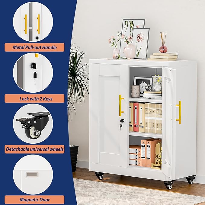 Metal Storage Cabinet-35” Tall Steel File Cabinets with Lockable Doors and Adjustable Shelves, Steel Tool Cabinet with Wheel for Home, School, Office, Garage White
