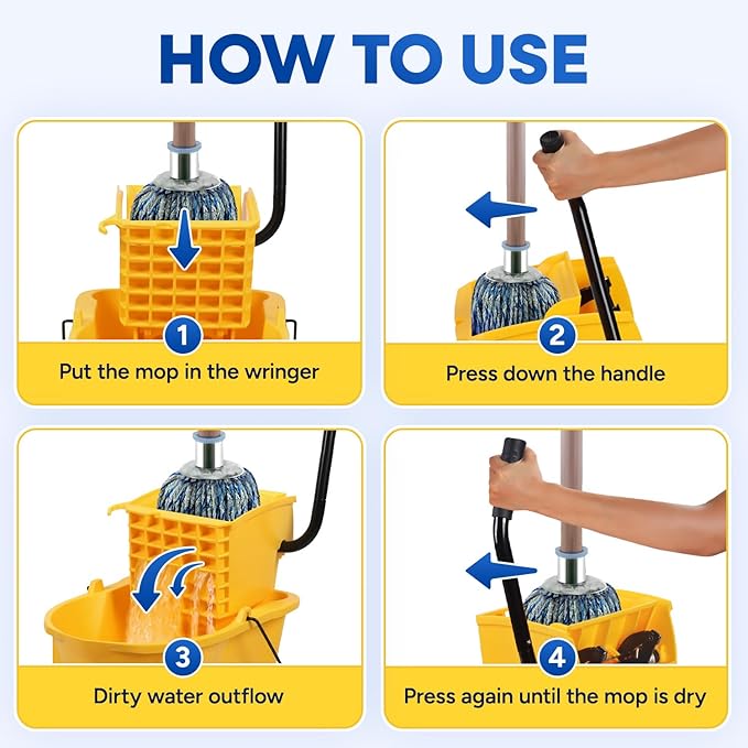 35-Quart Yellow Side-Press Mop Bucket and Wringer Combo on Wheels with Dirty Water Bucket for Commercial Use Perfect for Professional Industrial Business Household