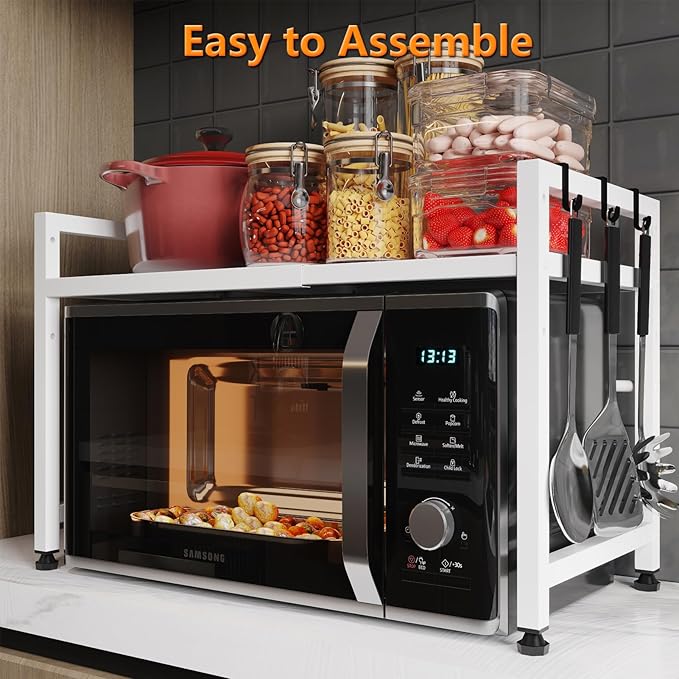 Extendable Microwave Oven Stand, Adjustable Microwave Rack Toaster Shelf, Heavy Duty Rack 2 Tier Kitchen Counter Top Organizer with 7 Hooks for Kitchen