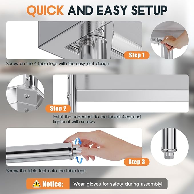 Jocisland 30" x 72" Stainless Steel Table for Prep & Work Adjustable Under Shelf and Feet, for Commercial Kitchen, Restaurant, Hotel and Garage
