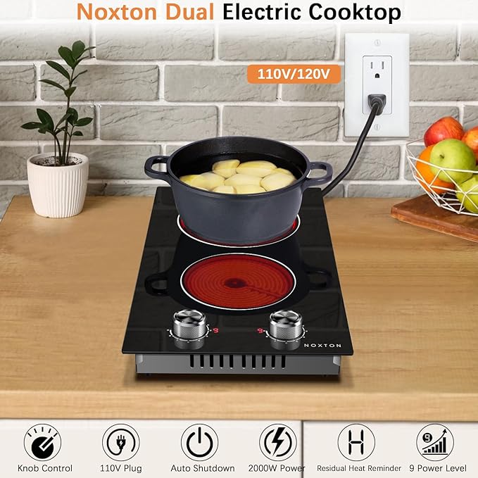Noxton 110v Electric Cooktop 2 Burners, Plug in Electric Stove 12 Inch, Built-in or Above the Counter Use, 9 Power Level, Knob Control Ceramic Stovetop, Great for the Elderly
