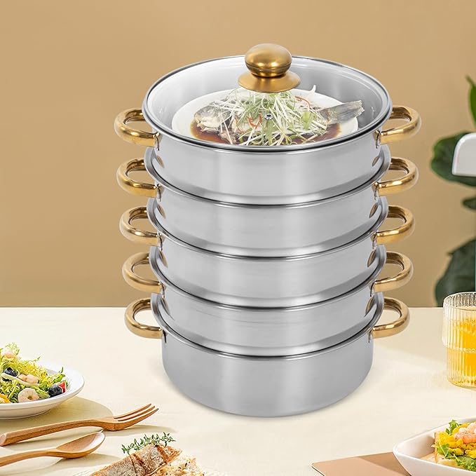 Stainless Steel Steamer Pot, 11.8-Inch Steamer for Cooking, 5-Tier Food Steam Pots with Lid for Cooking Vegetables, Seafood, Soups, Stews, Dumplings and Pasta