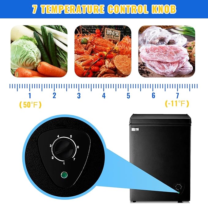Chest Freezer WANAI 3.5 Cubic Deep Freezer with Top Open Door and Removable Storage Basket, 7 Gears Temperature Control, Ideal for Office Dorm or Apartment, Black