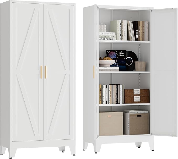 61" Tall Pantry Cabinet, White Metal Pantry Storage Cabinet, Kitchen Pantry Storage Cabinets with 2 Door and 3 Adjustable Shelves (White, 61" H)