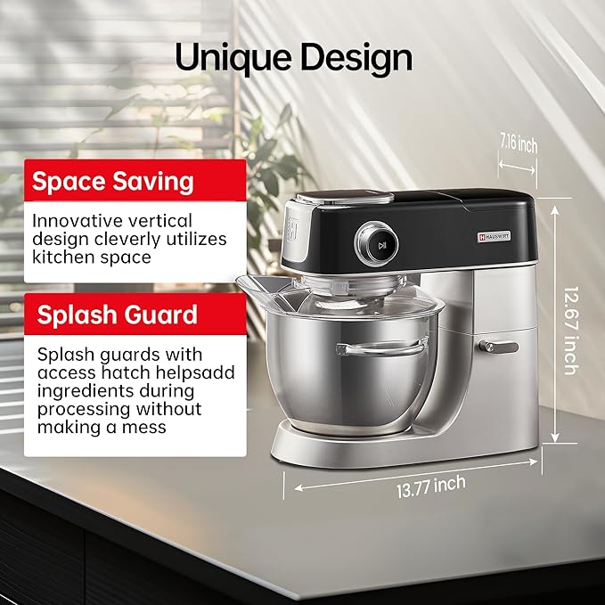 Hauswirt High-End Smart Stand Mixer M5, LED Touchscreen Mixers Kitchen Electric Stand Mixer with 5 Preset Menus, 5.3Qt Dough Mixer, 11speeds Kitchen Mixer with Egg Whisk, Dough Hook, Beater, Black
