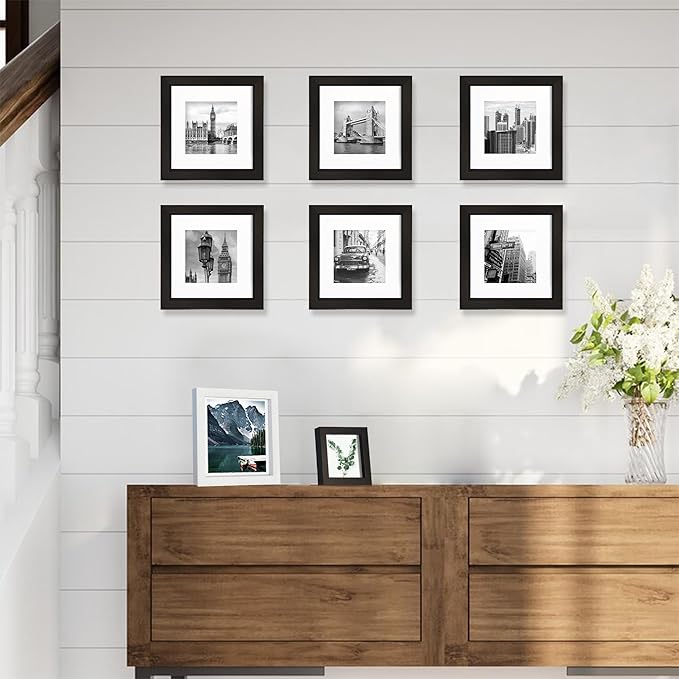 4x4 Black Picture Frames set of 3, Made of Wooden and Real Glass Small Square frame - Display on Table Desk Top or Wall Hanging