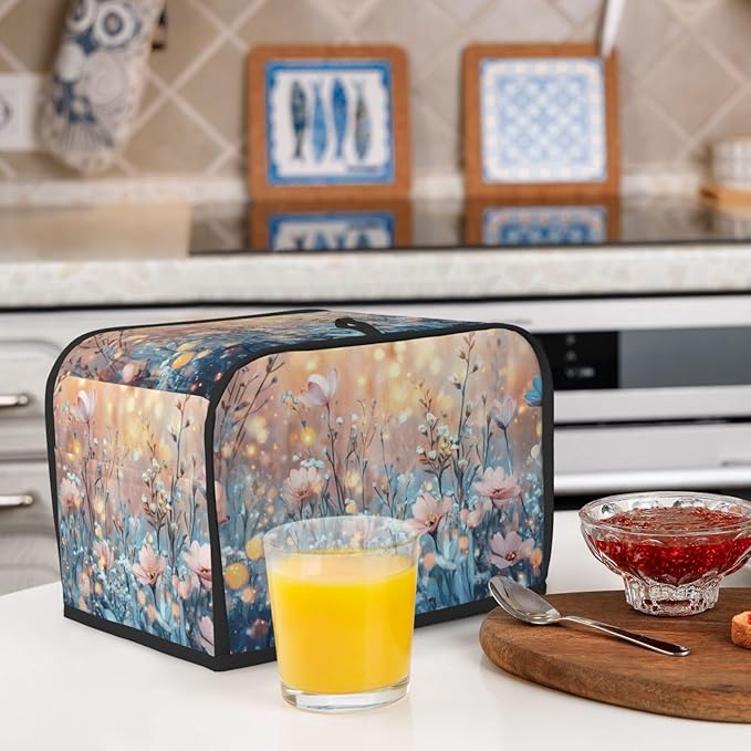 2 Slice Toaster Cover for Kitchen Flower Field Landscape Waterproof and Dustproof Toaster Dust Cover with Side Pockets Decorative Universal Cover for Wide Slot Toasters and Small Appliances