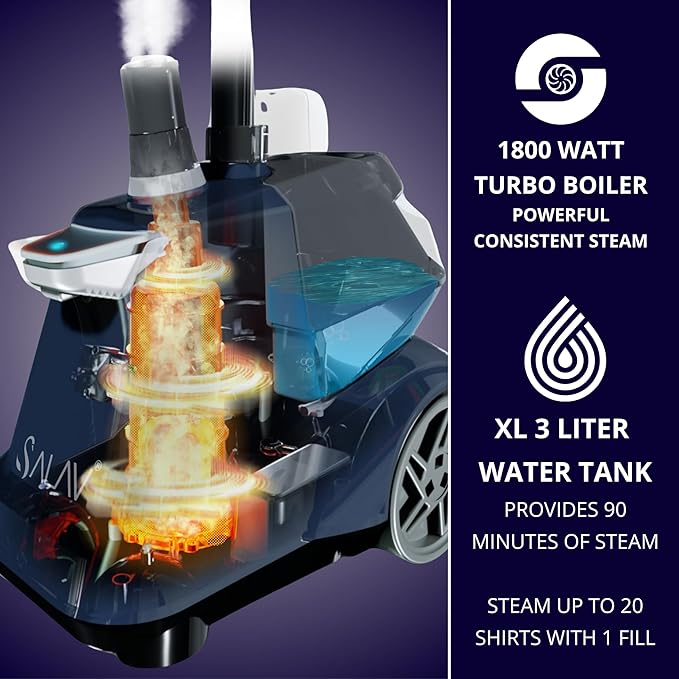 SALAV® Heavy Duty Smart Auto Shut-off Commercial Full-Size Garment Steamer, Beeping Alert when Water Runs out, Foot Pedal Control, XL 3L (101.5 oz) Tank, 1800 watts, 90+min of Continuous Steam, Navy