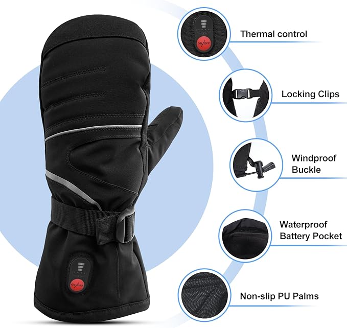 SNOW DEER Heated Mittens Gloves for Men and Women, 7.4V 2200MAH Electric Rechargeable Battery Ski for Winter Skiing Skating Snow Camping Hiking Heated Arthritis Hand Warmer Gloves