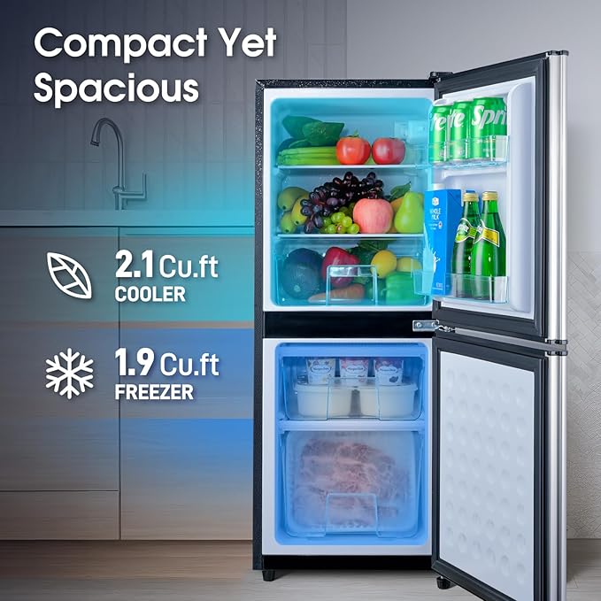 Fridge with Bottom Freezer and Drawer, 4.0 Cu.Ft Double Door Refrigerator with 7 Adjustable Temperature Settings for Bedroom, Dorm, Office, Apartment, Adjustable Shelves, Large Capacity, Silver
