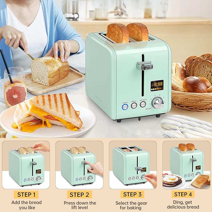 SEEDEEM 2 Slice Toaster With Color LCD Display - Stainless Steel, 7 Bread Shade Settings, 1.4'' Wide Slots, Bagel/Defrost/Reheat Functions, Removable Crumb Tray, 900W, Mint