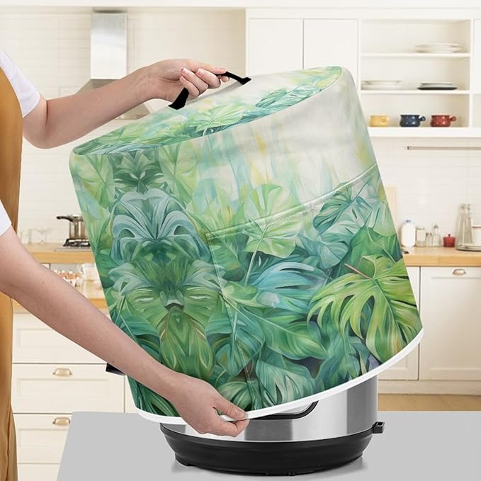 TODIYADDU Tropical Palm Leaves Pressure Cooker Cover with Handle and Storage Pocket for Extra Accessories Portable Kitchen Small Appliance Dust Cover Protective Case