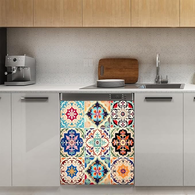Dishwasher Magnet Cover Colorful Boho Ceramic Tile Reusable Dishwasher Magnetic Cover Sticker Decorative Dish Washer Door Cover Panel for Home Kitcen Appliance