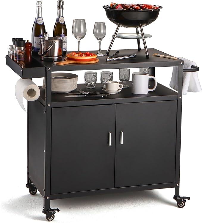 Grill Cart with Storage, Outdoor Bar Cart Rolling BBQ Cart Movable Pizza Oven Table Stand with Foldable Stainless Steel Top & Storage Cabinet, Black（34.6 x 17.7 x 34.6 Inch）