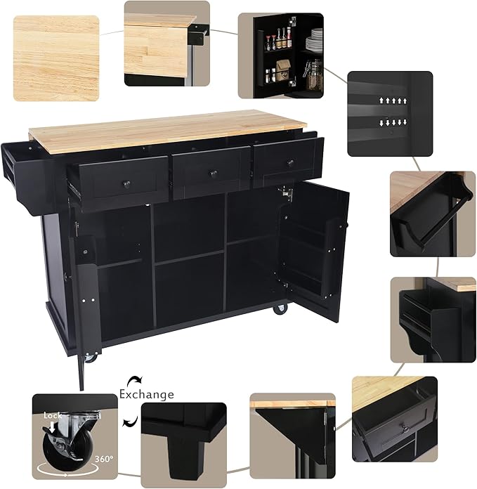 Favfurish Kitchen Island with Drop-Leaf Countertop, Internal Storage Cabinet Racks, Rolling Kitchen Cart on 5 Wheels with Open Shelves and 3 Drawers, Spice Holder, for Dining Room, Black