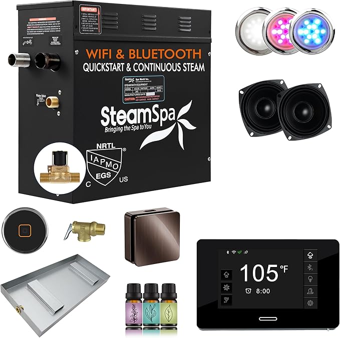 SteamSpa Steam System 7.5kW Steam Shower Generator with Bluetooth Wifi, Quickstart Continous Steam, Advanced Touch Pad Screen, Chroma Lights, Drain Pan and Auto Drain Oil Rubbed Bronze RVBS750ORB-A
