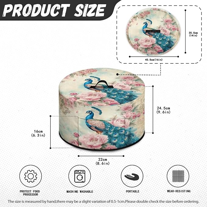Peacock Peony Flower Vintage Print Slow Cooker Dust Cover with Storage Pocket and Handle Easy to Use Kitchen Appliances Accessory Rice Cooker Cover Fit Most 6/7/8 Quart Air Fryer