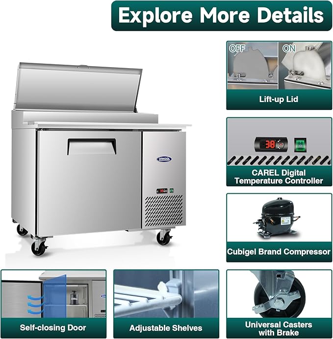 44" Commerical Pizza-Sandwich Prep Table Refrigerator - One Door Stainless Steel Refrigerator, 11 Cu.ft Capacity, Low Noise, Adjustable Shelves, Auto Defrost, Digital Temp Control