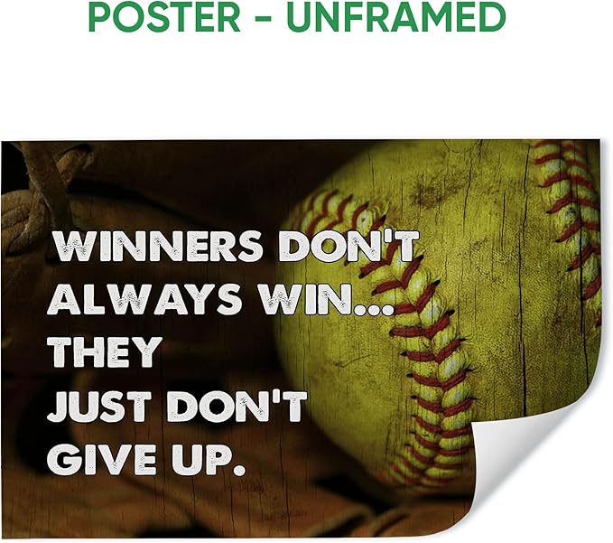Softball Poster & Framed Canvas, Inspirational Sports - Never Give Up - Motivational Quotes Home Office Decor, Bedroom Living Room Aesthetic Wall Art Gift For Daughter, Girl