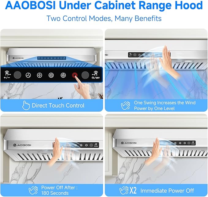 AAOBOSI Range Hood 30 inch Under Cabinet,800-CFM Gesture Sensing/Touch Control/Motor Upgrade Low Noise,3 Speed Range Hood with LED Lights Exhaust Fan, Stainless Steel Kitchen Vent Hood