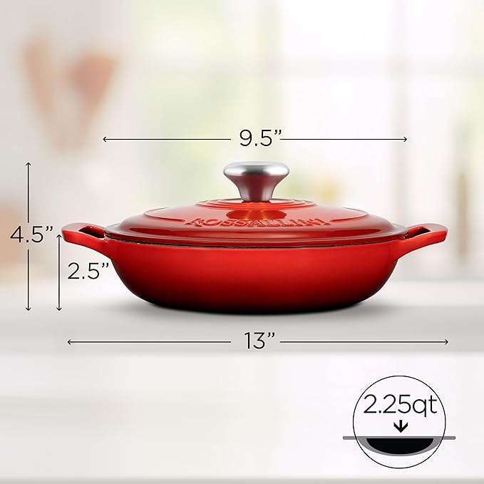 Signature Enameled Cast Iron Braiser, Non-Stick Serving Pot with Tight Fitting Lid for Perfect Roasting, Baking, Sauteing, Searing, and Pan Frying | 2.25Q (2.1L) - Red
