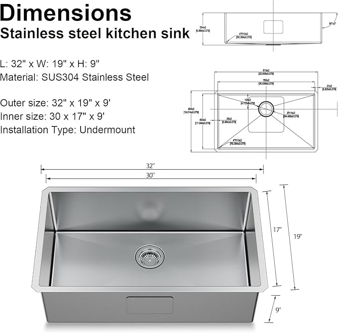 32 inch Undermount Handmade 18 Gauge Single Bowl Stainless Steel Kitchen Sink with Accessories