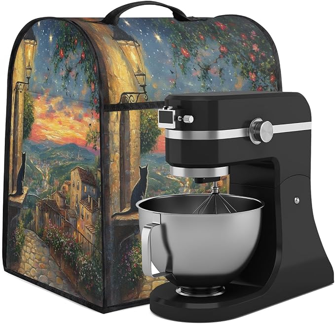 Kitchen Aid Mixer Cover Light Night Scene Cat Flower Stand Mixer Cover Compatible with 6-8 Quarts Stand Mixers, Dust Covers with Zipper Pocket Foldable Washable Kitchen Aid Organizer Bag