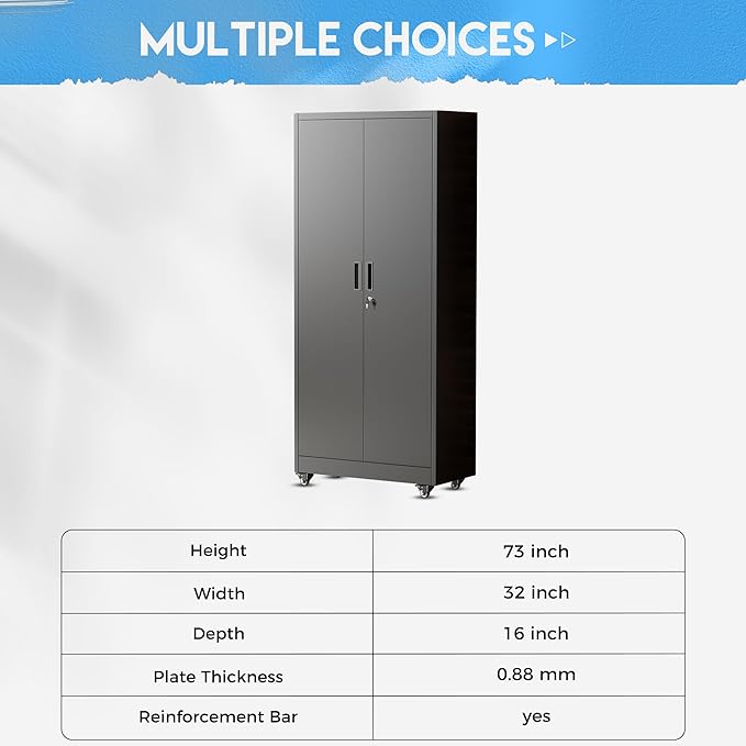 Greenvelly Metal Storage Cabinet with Wheels, 73” Black Metal Rolling Garage Cabinet with 2 Door and Adjustable Shelves,Locking Storage Cabinets for Garage Home Office Utility Room