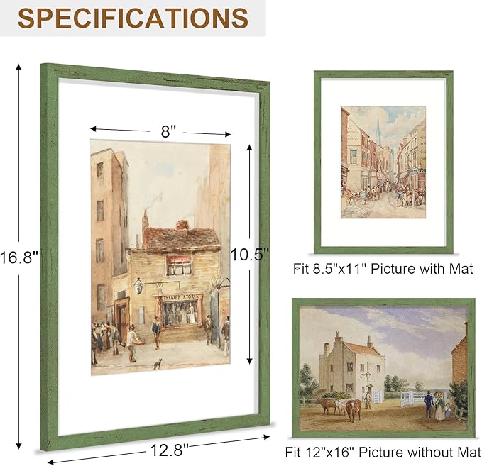 Vittanly 12x16 Picture Frame, Solid Wood Frame with Plexiglass, Includes 8.5x11 Mat, Wall Hanging for Photos, Home Decor, Rustic Green, 1 Pack