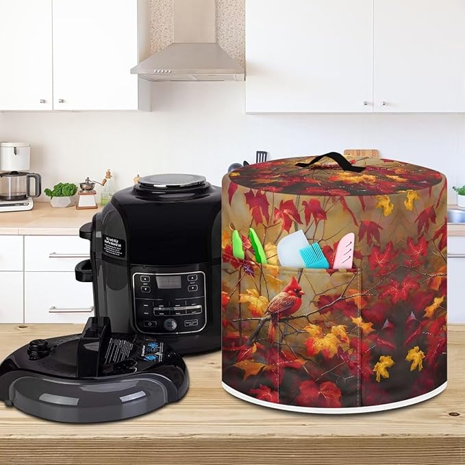 Xoenoiee Cardinal Bird Kitchen Appliance Dust Cover with Pockets, Maple Leaf Print Electric Pressure Cooker Cover Compatible with Crock Pot, Rice Cooker Covers Fall Decor, for 3 Qt Pot