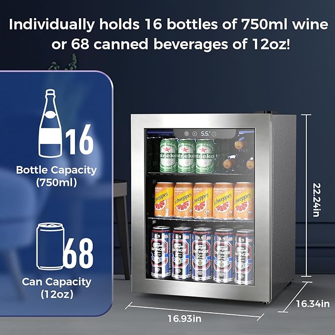 68 Cans Beverage Refrigerator Cooler,1.7 cu.ft Mini Fridge with Seamless Stainless Steel & Glass Door for Beer, Soda,Wine, Digital Temperature Control for Home Office Bar