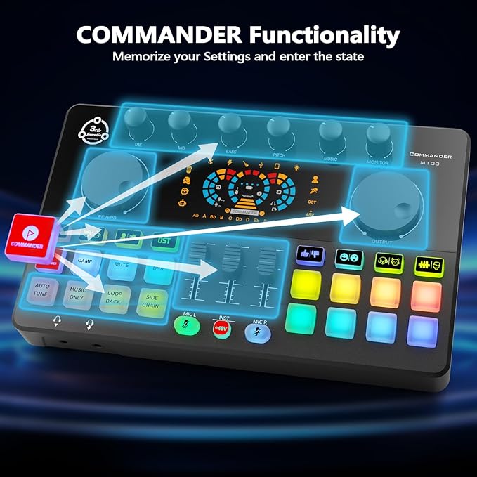 Podcast Equipment Bundle for 2, Audio Mixer with XLR Dynamic Microphone, Voice Change,RGB for Vocal Recording Podcasting,Streaming Singing TikTok, PC, Smartphone COMMANDER M100 3rd