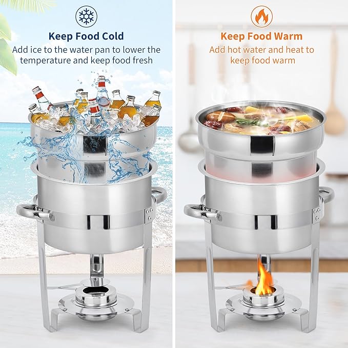 GarveeHome 7QT Soup Chafer Set of 2, Stainless Steel Round Soup Warmer with Pot, Notched Lids & Fuel Holders, Commercial Food Warmer for Buffets, Events and Party Service