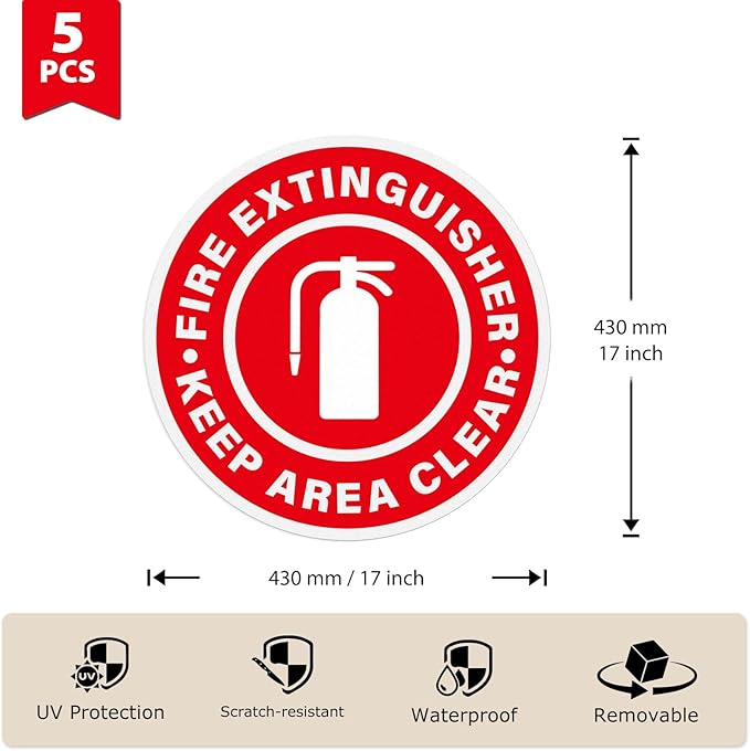 5 Pack Fire Extinguisher Keep Area Clear Sign 17×17 Inches Large Caution Safety Warning Sticker Self Adhesive Vinyl Waterproof Signage for Office Business Workshop