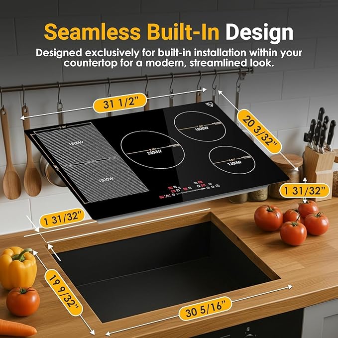 K&H 5 Burner Induction Cooktop - 31.5 Inch Built-In Electric Cermic Stove Top - 17 Heating Levels, 240V, 9200W High-Power Built-in Electric Stove Top - Child Lock, Timer & Touch Control - IN30-9200FLX