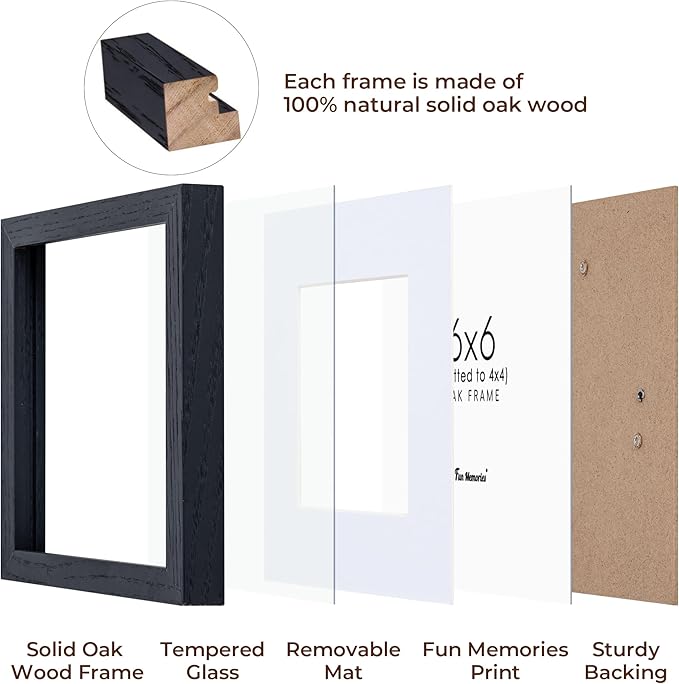 6x6 Picture Frames, Solid White Oak Wood Frame 6 x 6 with Stand for Wall & Tabletop Display, Rustic Wooden Photo Frame 6 by 6 with Real Glass, 6x6 Frame Matted to 4x4, Black Color, Set of 4