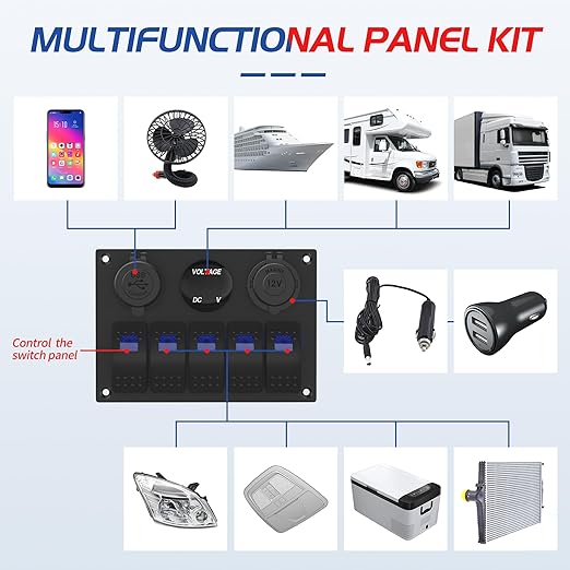Waterproof Marine Switch Panel, 5 Gang Rocker Switch Panel 12V/24V Aluminum for Boat, 4.8A Dual USB Port, Cigarette Lighter Socket, LED Voltmeter, Pre-Wired 12 Volt Switch Panel for RV, Truck, Yacht