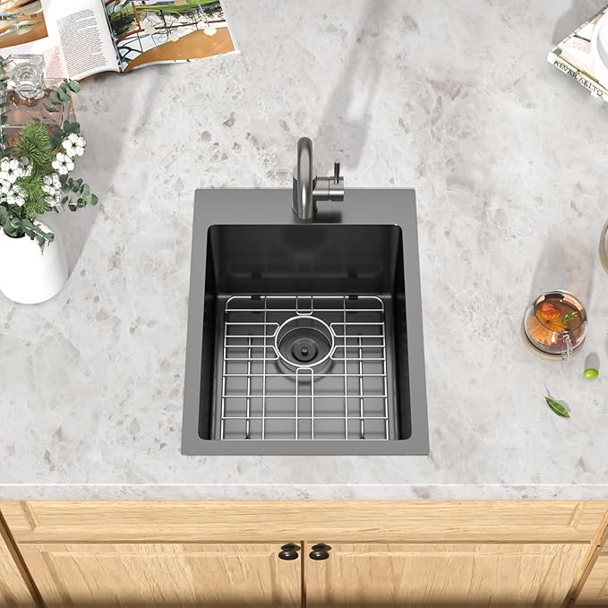Black Bar Sink with Faucet - 15 Inch Drop In Bar Sink 16 Gauge Stainless Steel Topmount Gunmetal Black Single Bowl Small Prep Sinks with Accessories for Kitchen Bars, RV, Small Space #TLT-0032