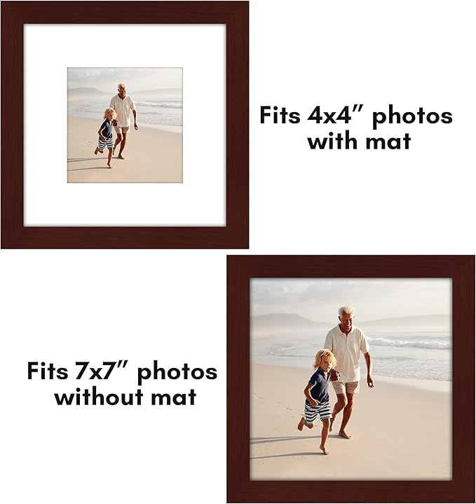 Americanflat 7x7 Picture Frame with Polished Plexiglass - Set of 5 - Use as 4x4 Frame with Mat or Display 7x7 Photo Without Mat - Galleria Collection - Square Frames for Tabletop and Wall - Mahogany
