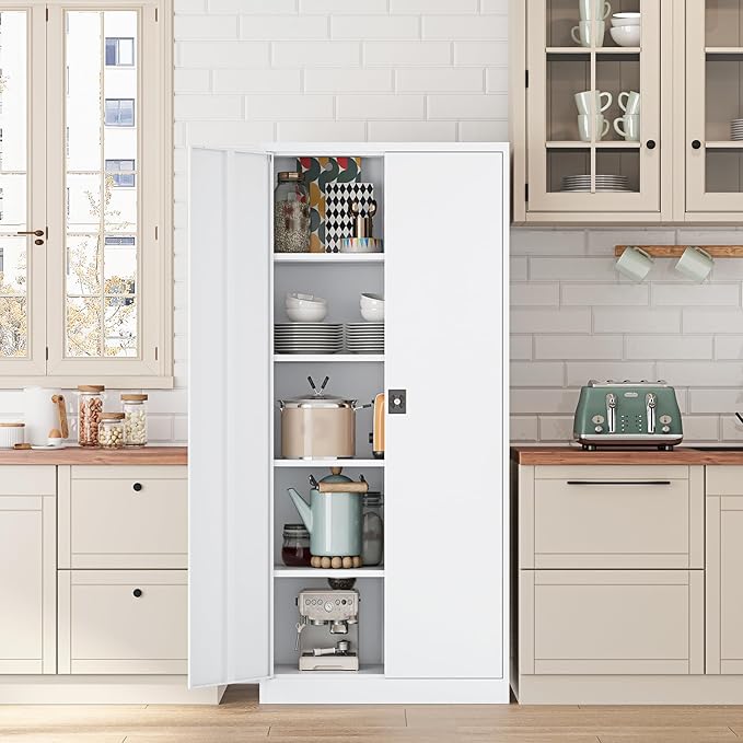 Metal Storage Cabinet-72” Tall Steel File Cabinets with Lockable Doors and Adjustable Shelves-White Steel Storage Cabinet for Kitchen, Office, Garage