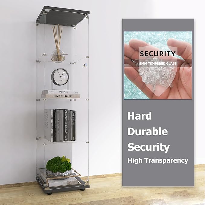 4-Shelf Glass Display Cabinet,Floor Standing Glass Curio Cabinets Bookshelf with Door&Locks,Toys Display Case Trophy Display Case,for Living Room,Kitchen,Bedroom,Exhibition Hall (Black)