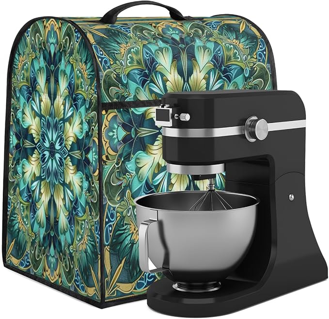 Kitchen Aid Mixer Cover Turquoise Mandala Flower Stand Mixer Cover Compatible with 6-8 Quarts Stand Mixers, Dust Covers with Zipper Pocket Foldable Washable Kitchen Aid Organizer Bag