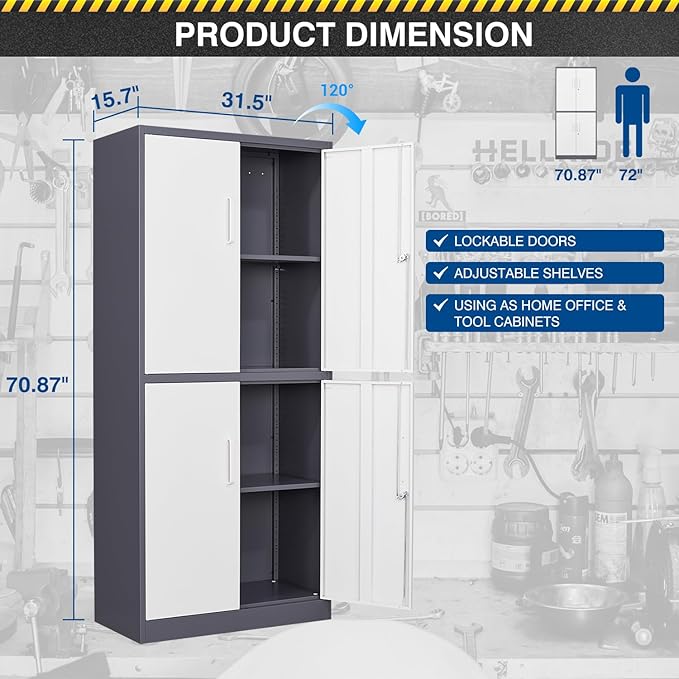 71' Metal Storage - Lockable File Cabinet with Doors & Shelves - Gray/White Steel for Garage, Home, Office
