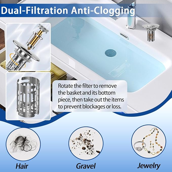 Bathroom Sink Drain Strainer, Pop Up Sink Drain Filter with Removable Stainless Steel Filter Basket Hair Catcher, Sink Drain Strainer, for Us Bathroom Sink Stopper Replacement