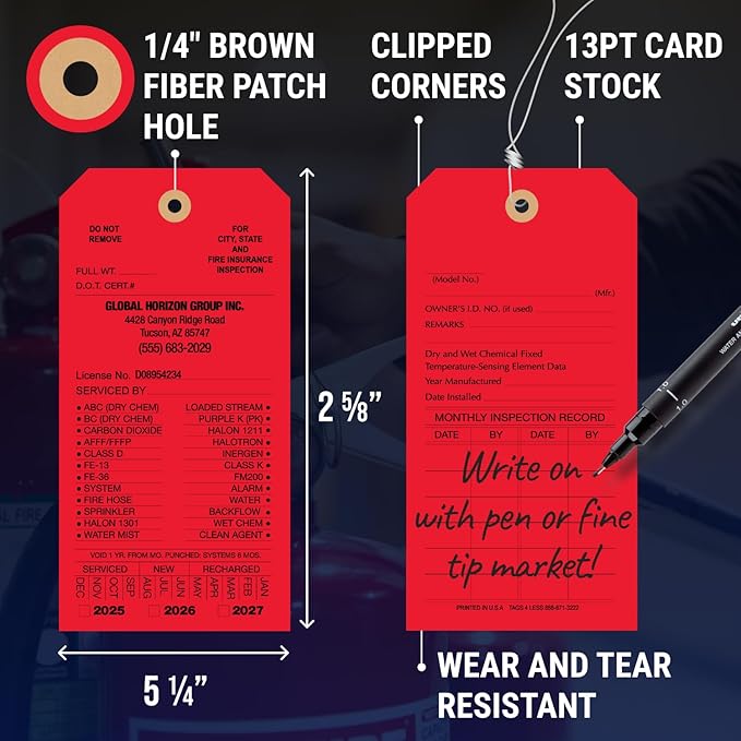 Tags 4 Less Custom Fire Extinguisher Tags – Preventative Maintenance Labels for Monthly Inspections, Alternative to Safety Sticker for Easy Record-Keeping – Pack of 100 (Red, Cardboard)